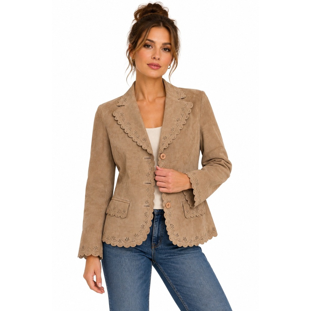 Pendleton Terrace Garden Suede Leather Jacket Tan Scalloped Cutwork M